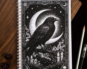 The Raven Handmade Notebook -  Witchy Celestial Journal - Undated Spiral - Gothic Wizard Grimoire Gift