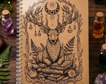 Deer Spirit Handmade Notebook - Witchy Pagan Grimoire, Cottagecore Spiral Notebook, Kraft Paper Undated