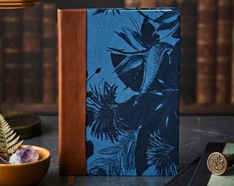 Blue Floral Handmade Notebook - Handbound Fabric Journal, Leather Hardcover, Vintage Botanical, Writer Gift