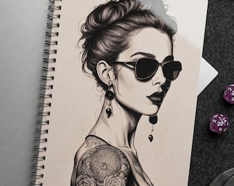 Retro Girl Handmade Notebook - Pinup Tattoo Art Journal Black White Undated Spiral, Rockabilly Retro Gift