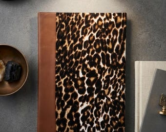 Leopard Pattern Handmade Notebook - Handbound Fabric Journal Leather Hardcover Vintage Writer Gift