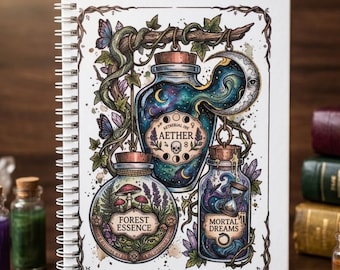 Magic Potion Handmade Notebook -  Witchy Celestial Journal - Undated Spiral - Gothic Wizard Grimoire Gift