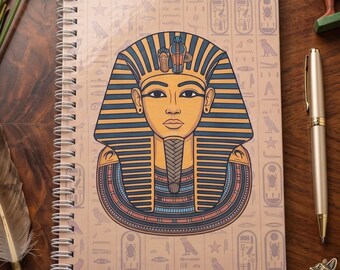 Tutankhamun Handmade Notebook - Egyptian Pharaoh - Ancient Egyptian Hieroglyph Journal Undated Spiral, Stationary, Gift