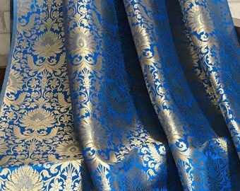 Dark Blue Sale by Half a Yard Sea Green Gold Woven Brocade Sari Silk Floral Gold Weaved Indian Brocade Silk Shiny Decorative Textiles