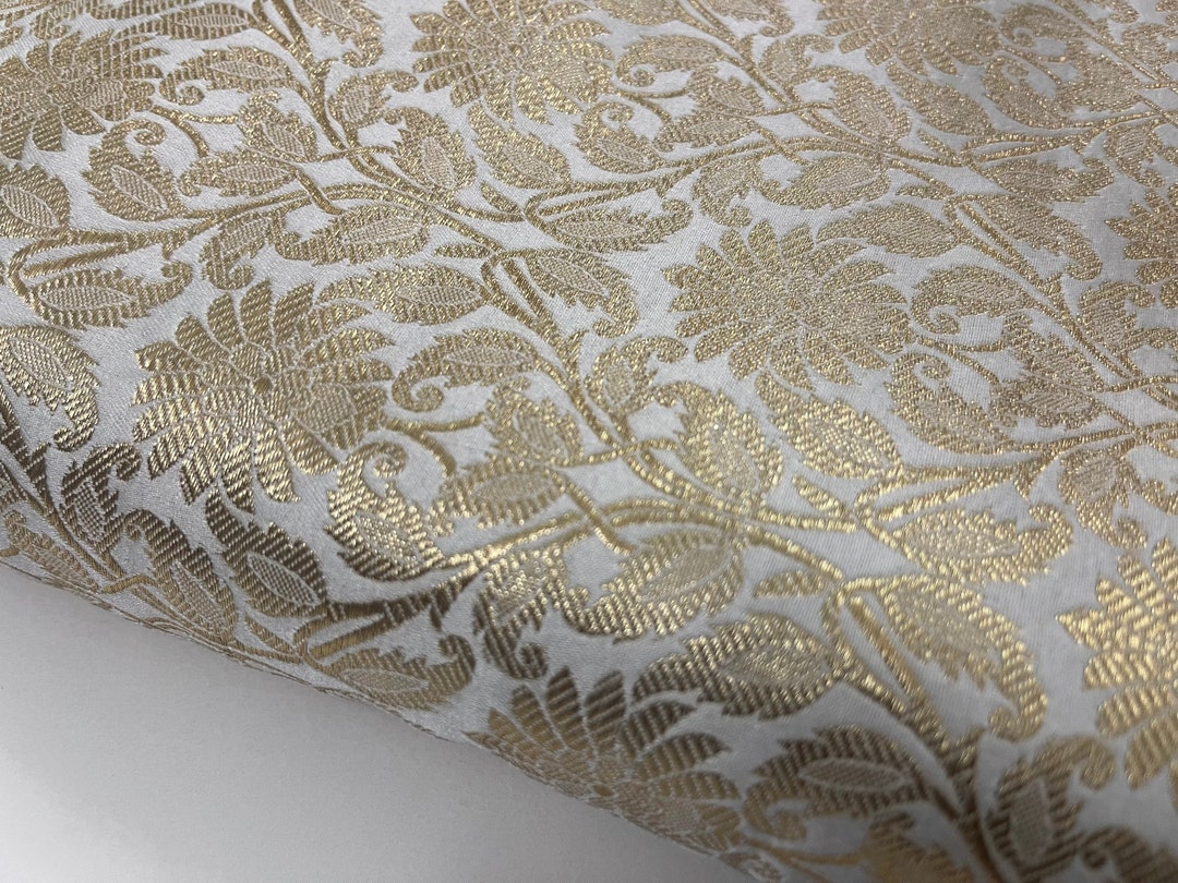 50% SALE Brocade Fabric, off White and Gold Brocade Wedding Indian