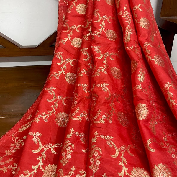 SALE 50% Indian Red and Gold Silk Bridal Embroidered fabric,Wedding Fabric By The Yard /Meter, Cut in continuous a length NFAF580