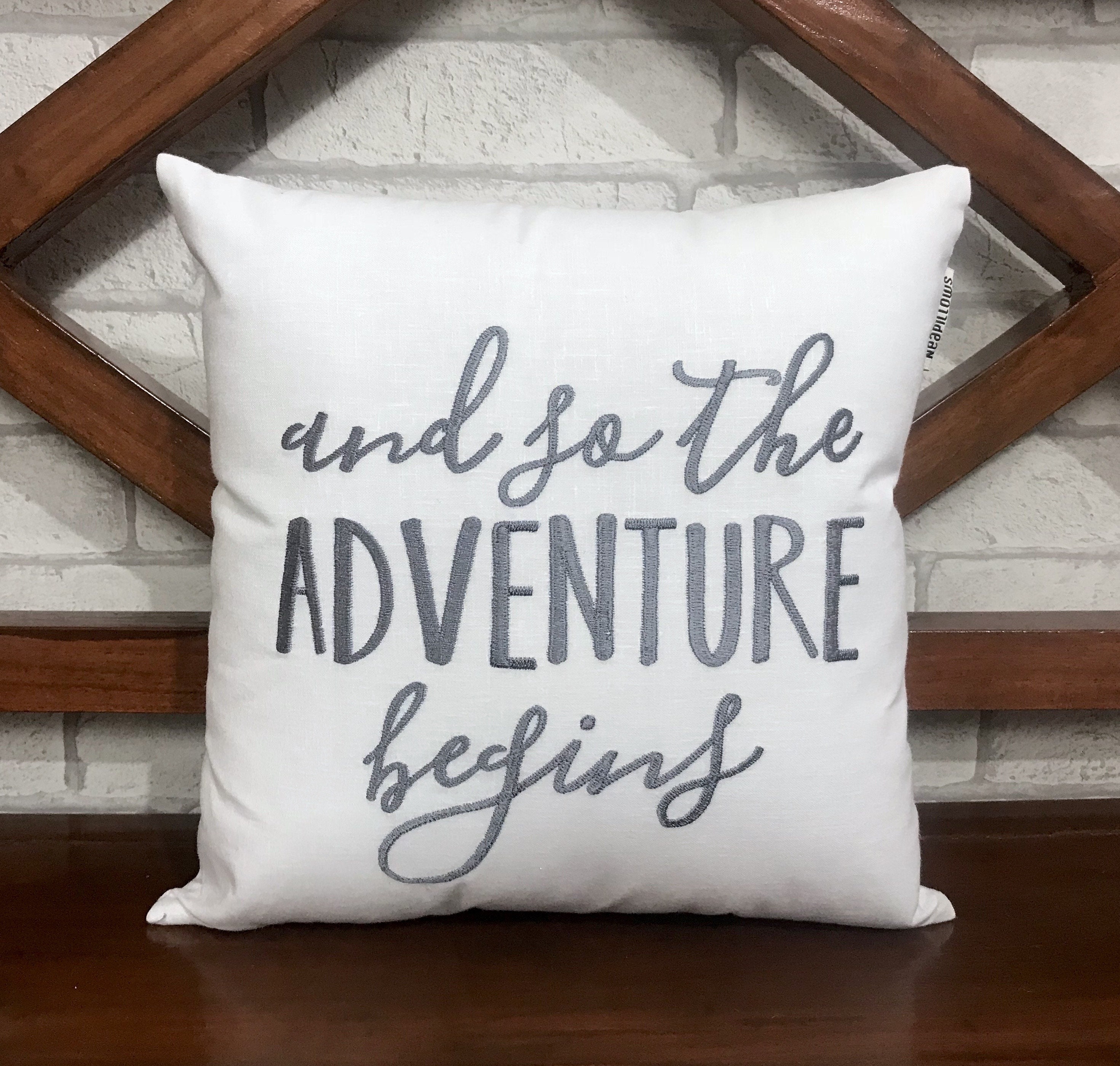 30% Off & So The Adventure Begins Quote Pillow, Calligraphy Kids Dorm Decor Inspirational Quote Coup