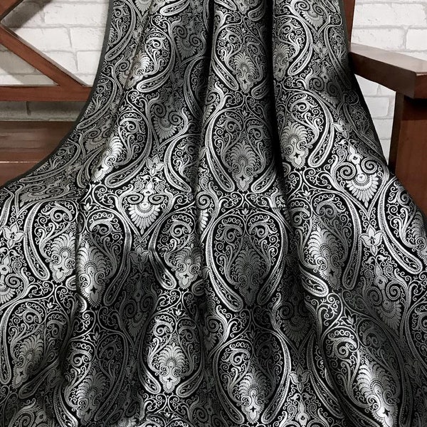 50% SALE Indian Brocade Fabric, Black and Silver Fabric, Wedding Indian brocade, Brocade fabric by the yard /meter, dress fabric NFAF103