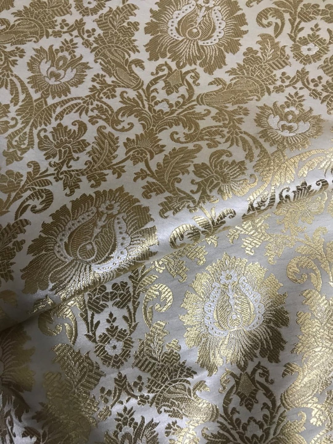 50% SALE Brocade Fabric, White & Gold Brocade Indian Fabric, Wedding