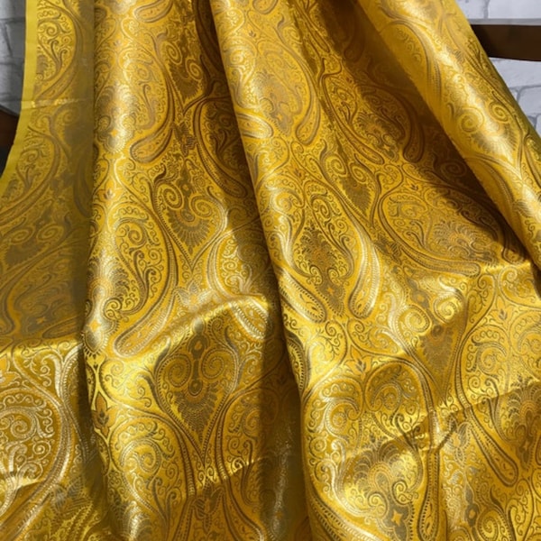 50% SALE Indian Brocade Fabric Yellow and Gold Fabric, Wedding Indian brocade, Brocade fabric by the yard/Meter, dress fabric NFAF176