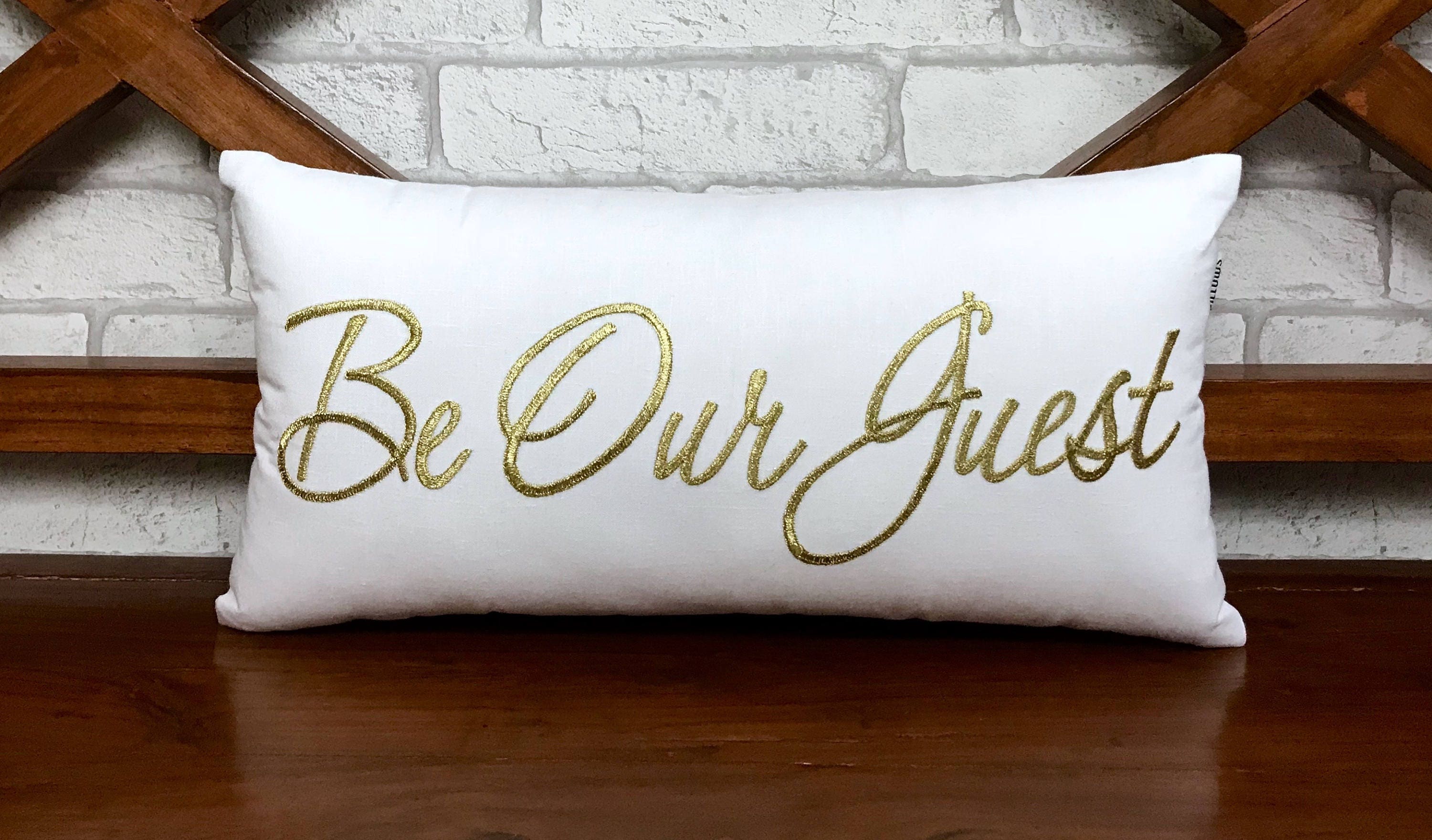 30Sale Be Our Guest Pillow Gold Embroidered Guest Room Etsy