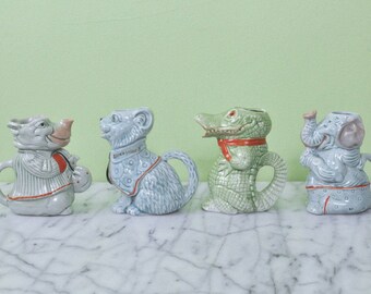 Vintage German Porcelain 4 Medium Sized Creamers Milk Jugs Pitchers * Rhino * Cat * Alligator * Elephant