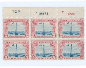 1928 C11 Beacon Light a Top Sherman Hill On Rocky Mountains 5 Cent Airmail Stamp Margin Blk of 6, 2 Plate #s Blue "TOP"  Mint-NH-VF