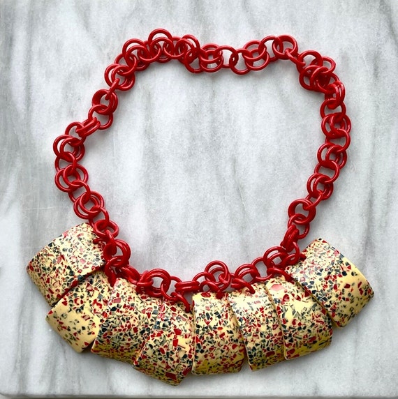 Cherry Red Plastic Link Necklace With Chunky Spec… - image 4