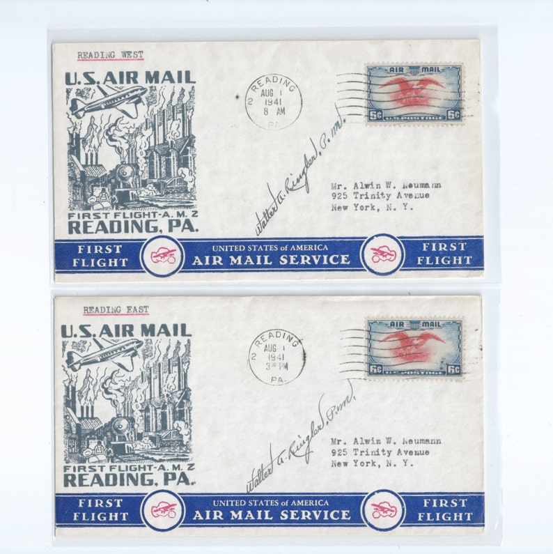 Reading PA First Flight CAM 34 Matching Typed U.S Airmail Event Covers 1941 Autographed East and West Bound Flights August 1