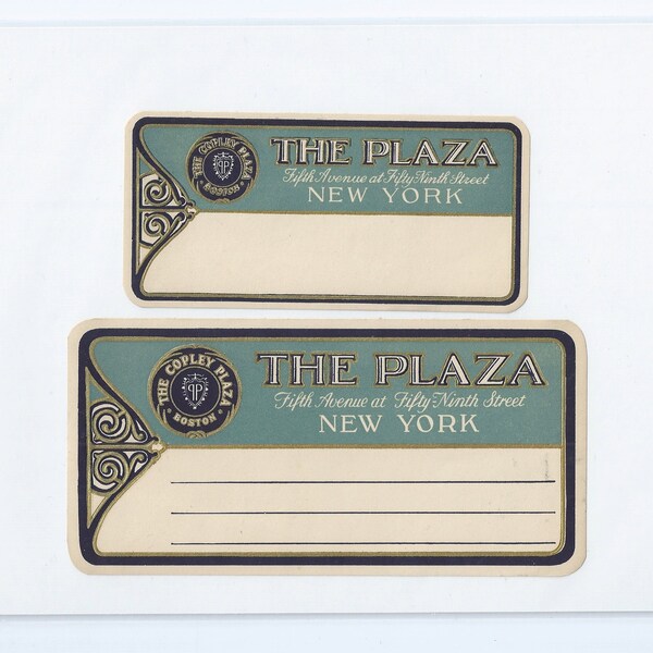 Vintage 40s Luggage Trunk Labels (2) THE PLAZA Hotel Fifth Ave at 59th St New York