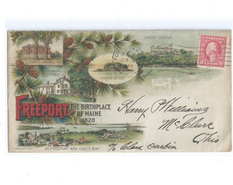 FREEPORT The Birth Place of Maine 1820 Stationery Color Allover Advertising Cover 1910