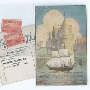 May include: A vintage postcard featuring a watercolor illustration of a ship sailing past a city with a tall tower. The postcard is advertising the American Dental Co. in North Adams, Massachusetts. The text on the postcard reads "Our Aluminum Plates for Artificial Teeth. The wearer scarcely realizes an artificial set of teeth is in the mouth as they never drop or become dislodged in cause of amusement. Always cool and clean, look perfectly natural. Let us examine your teeth and show you examples from the first model made by us. American Dental Co. 76 Main St. North Adams, Mass."