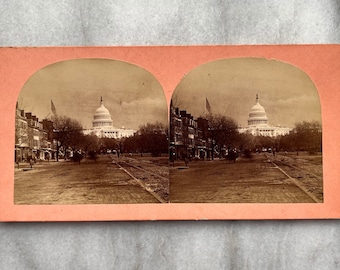 1880s Stereo View Card Pennsylvania Avenue & the US Capitol Bell and Bro. Peach Colored Card Charles Milton Bell Photography