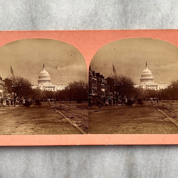 1880s Stereo View Card Pennsylvania Avenue & the US Capitol Bell and Bro. Peach Colored Card Charles Milton Bell Photography