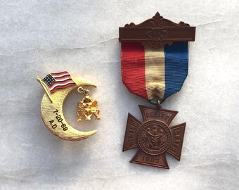 Moon Landing July 20, 1969 American Flag Pin ; and Woman's Relief Corp WRC American Flag Ribbon / badge