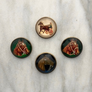 May include: Four vintage horse-themed buttons. One button features a horse-drawn carriage with a driver, while the others display horse heads. The buttons have a gold-colored metal rim and are set against a white background.