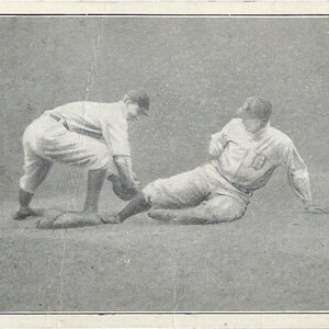 May include: Vintage baseball trading cards featuring portraits of players and a game action scene. The cards have a diamond-shaped design with player names and team affiliations. The central image shows a player sliding into a base.