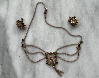 Vintage Necklace Earring Set Gold Tone Glass Faux Gem Stones Mother of Pearl
