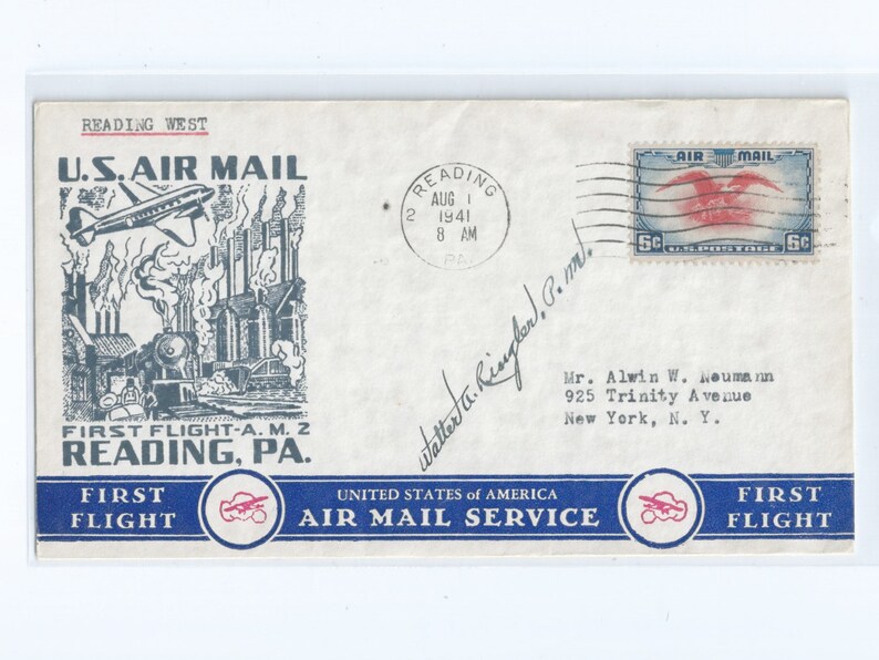 Reading PA First Flight CAM 34 Matching Typed U.S Airmail Event Covers 1941 Autographed East and West Bound Flights August 1