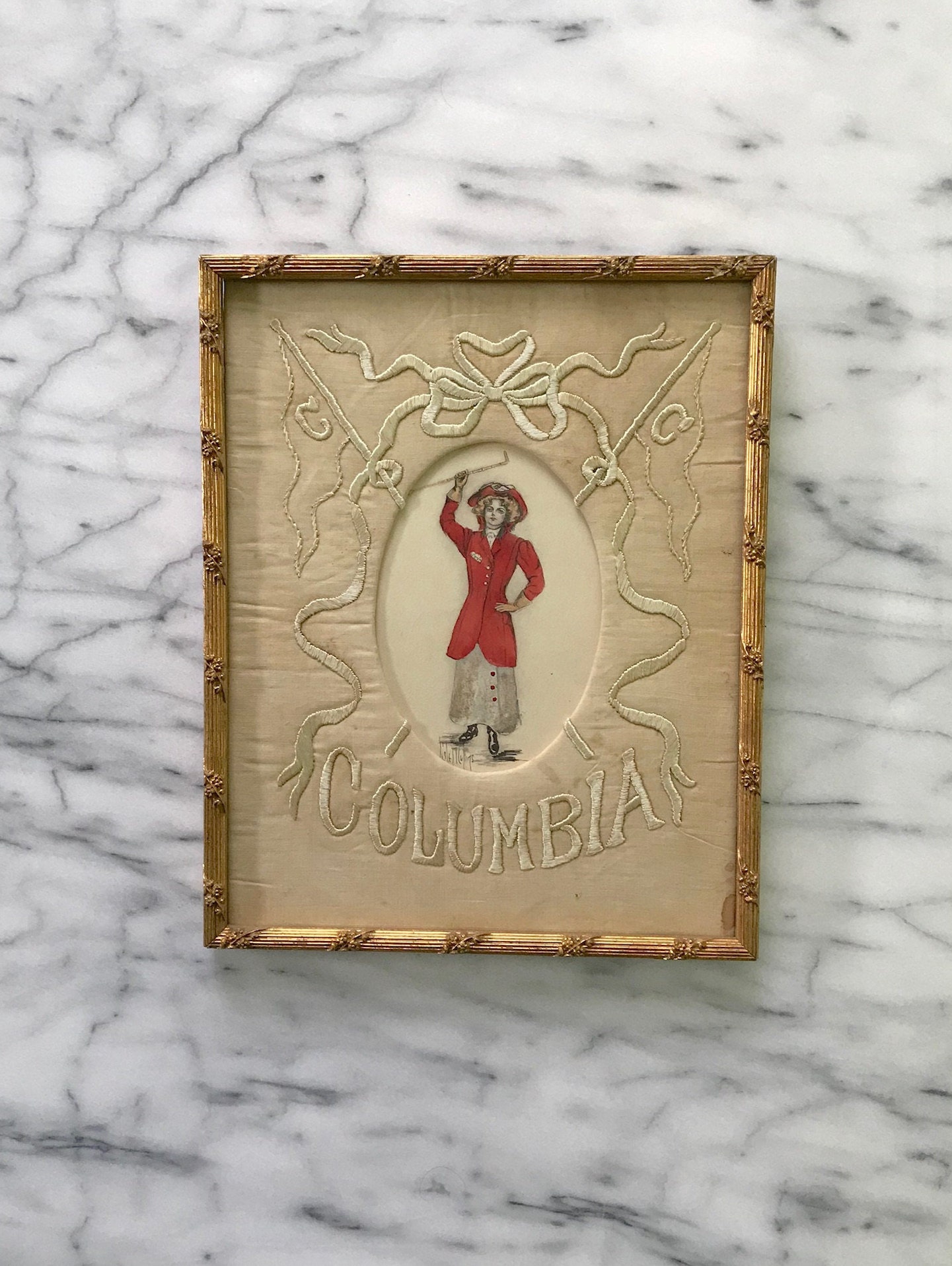 Handmade Embroidered Columbia University Framed Tapestry with Watercolor Woman Golfer.  Signed by Artist Lisle Collins ca. 1910