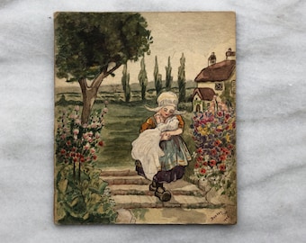 1920 Post World War I Original Art Dutch Childl with Doll Landscape with Poppies Watercolor on artist board Signed  " Doreen Vyse 1920 "