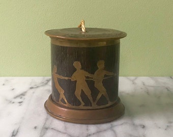 Erhard & Söhne Art Nouveau TUG-of-WAR  String Box Brass with Wood Inlay. Leaf and heart design 1905,  Made in Schwäbisch Gmünd