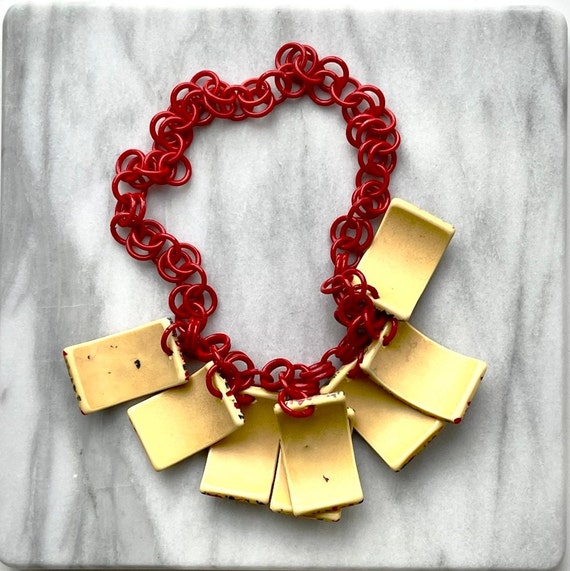 Cherry Red Plastic Link Necklace With Chunky Spec… - image 3