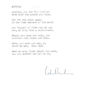 May include: A black and white typed poem titled "America" by the author "Luther Parker". The poem is about the responsibility of America to give back to the people it took.