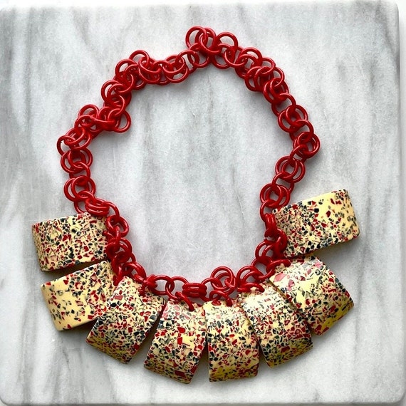 Cherry Red Plastic Link Necklace With Chunky Spec… - image 2