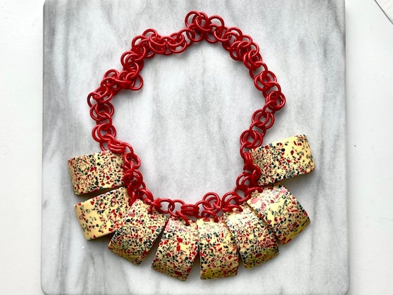 Cherry Red Plastic Link Necklace With Chunky Spec… - image 1