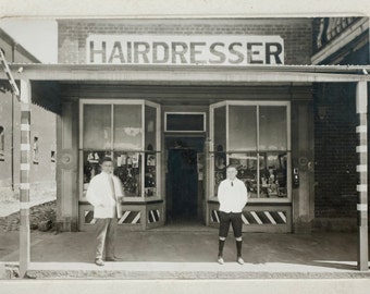 Occupational Photograph JOHN and JACK Outside the Shop HAIRDRESSER Barbershop Retail Store Front  5 x 7 Black & White Photograph ca. 1900s