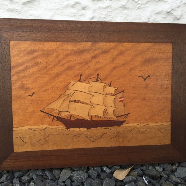 Wood Inlay Ship Wall Hanging Plaque 6 Different Types of Woods Listed on Back