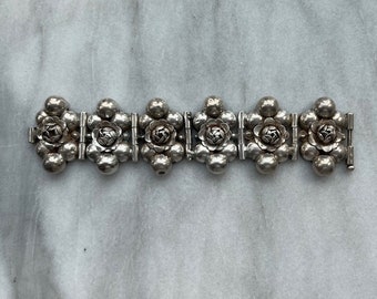 Vintage Wide Hinged Linked Mexican Silver Bracelet Floral Designed Marked Made in Mexico 0925 Pin Clasp.