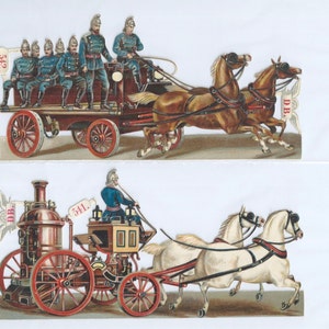 May include: Two vintage paper cutouts depicting horse-drawn fire engines. The top image shows a red and brown fire wagon with firefighters in blue uniforms. The bottom image shows a steam-powered fire engine with white horses.