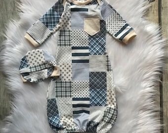 baby boy gown, blue plaid, madras baby outfit, baby shower gift, coming home outfit, baby boy set, vintage style, teddy bear outfit