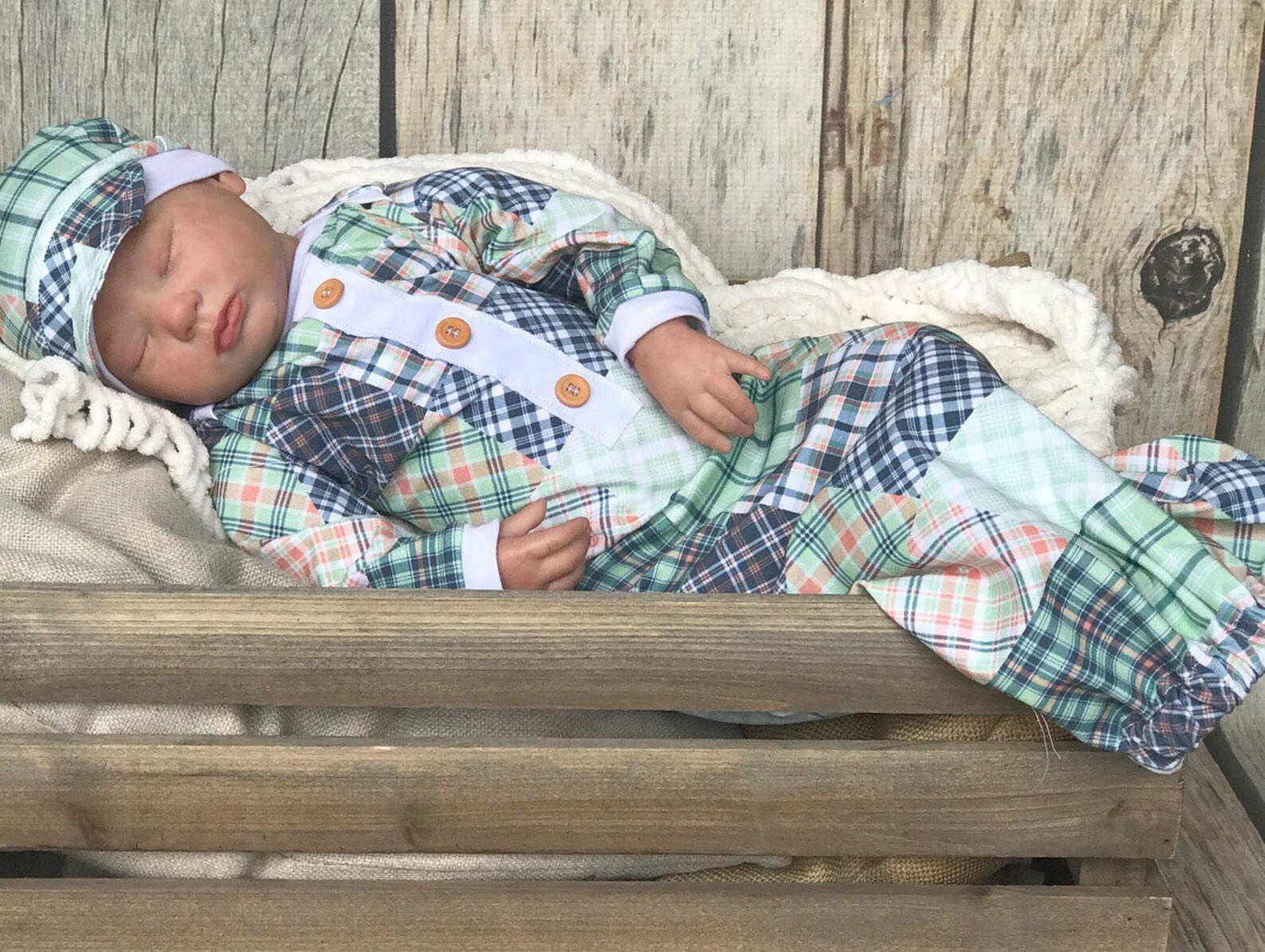 Baby boy gown green coral plaid madras baby outfit baby Etsy