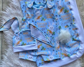 First easter, baby boy outfit, jon jon, custom designed outfit, name blanket, baby boy layette, baby shower gift, boy shortall