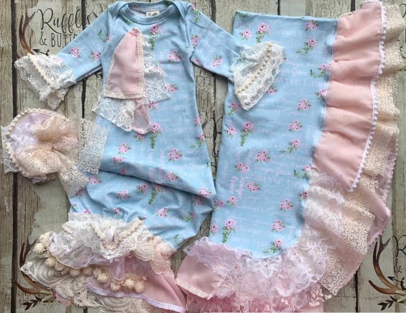 Baby girl gown, personalized, country chic, vintage style, mint pink, over the top, baby shower gift, going home outfit, name gown
