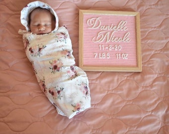 Swaddle blanket and bonnet set, photo prop,  baby shower gift, baby girl, vintage baby, country chic, personalized blanket