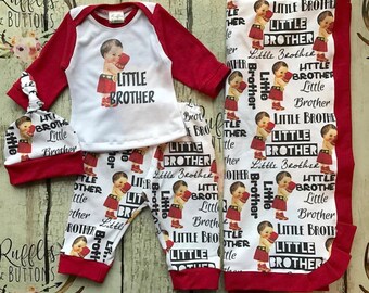 Little brother shirt, custom designed pant set, boxing baby outfit, baby boy going home outfit, hospital set, photo prop