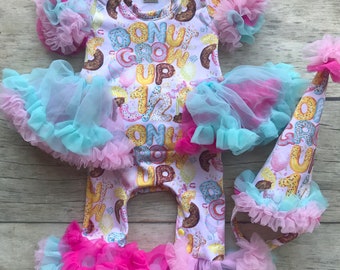 Birthday romper, 1/2 birthday, baby girl, donut party, custom designed romper