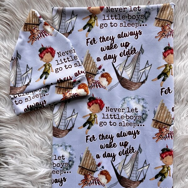 Ready to ship- custom designed swaddle set, baby boy, lost boys, never let little boys sleep