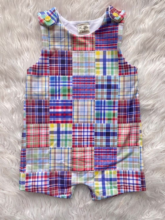 Ready to Ship— Baby Boy Outfit, Madras Plaid, Spring Shortall