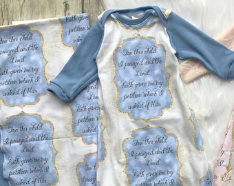 Custom designed name gown, scripture gown, baby boy gown, for this child we prayed, blue and gold, baby shower gift, boy coming home outfit,